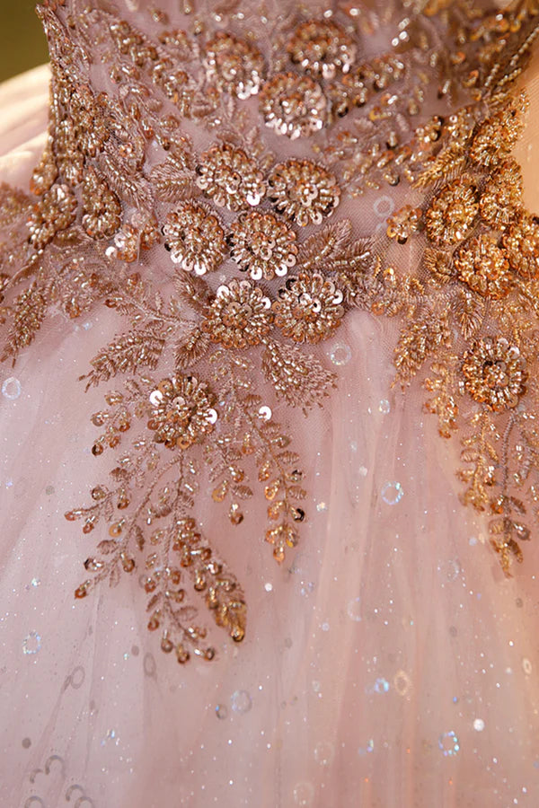 Wholesale Pink Tulle Beaded Long Ball Gown Beautiful A-Line Prom Dress Pink Sweet 16 Dress